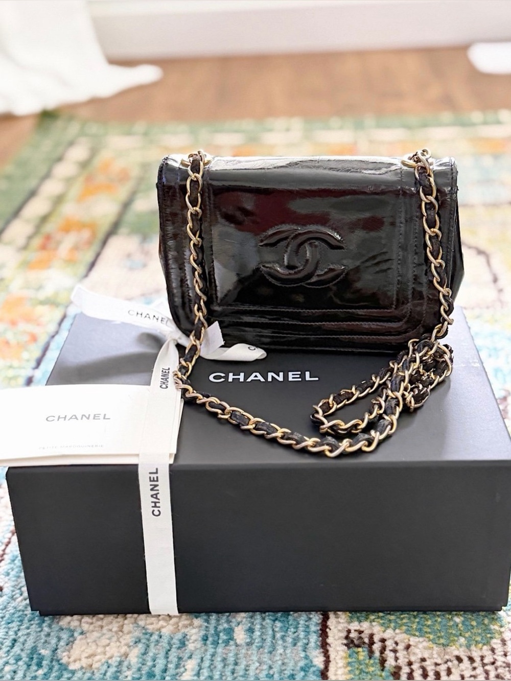 Vintage CHANEL CC Black Patent Leather Mini Crossbody Shoulder Bag + Box